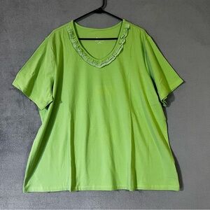 Shamrock Green Ruffle V-neck Tee Denim & Co Womens plus 2X Short Sleeve